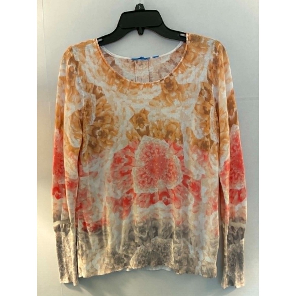 Womens Sheer Floral Mesh Top Small Beige Coral Long Sleeve Y2K Boho Stretch